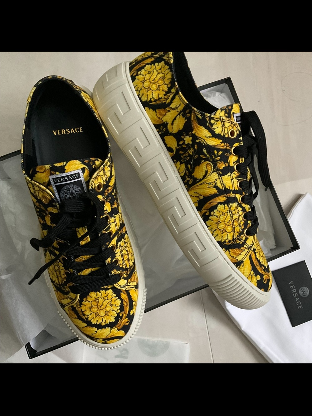 Versace Black & Yellow La Greca Barocco Canvas Sneakers Size 40.5